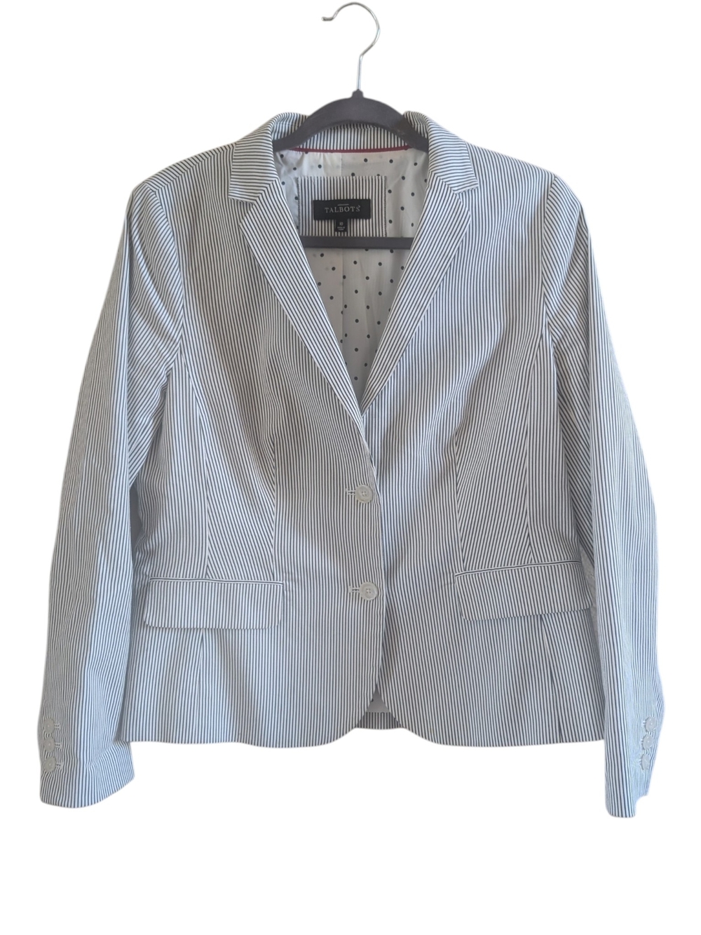Talbots White Black Striped Cotton Blazer with Polka Dot and Red trimmed lining